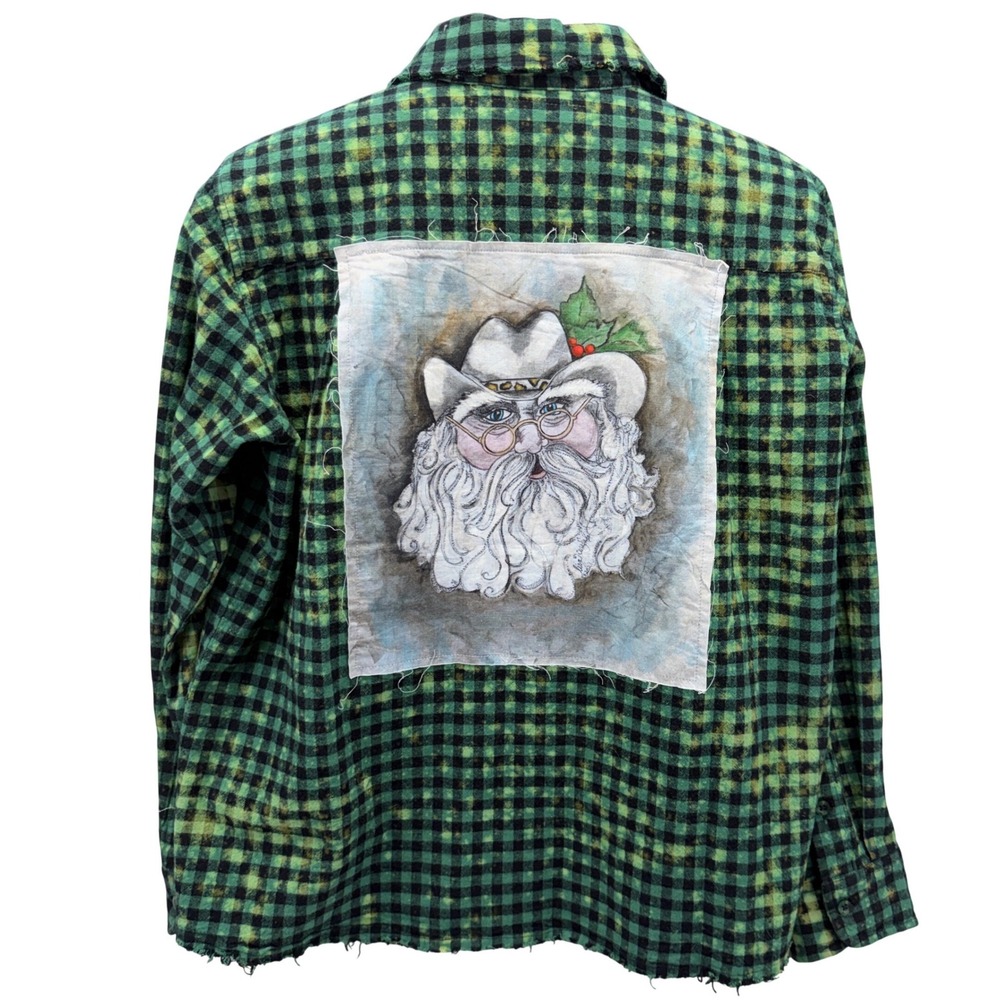 A Rare Bird Flannel Button Up Shirt Cowboy Santa Back Patch Bleached Green Plaid